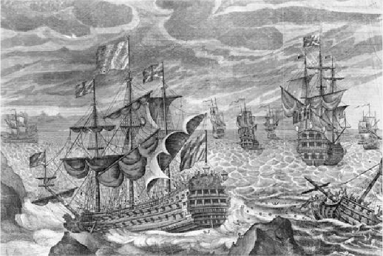 Désastre naval des îles Sorlingues avec le HMS Association au centre - gravure du XVIIIe siècle